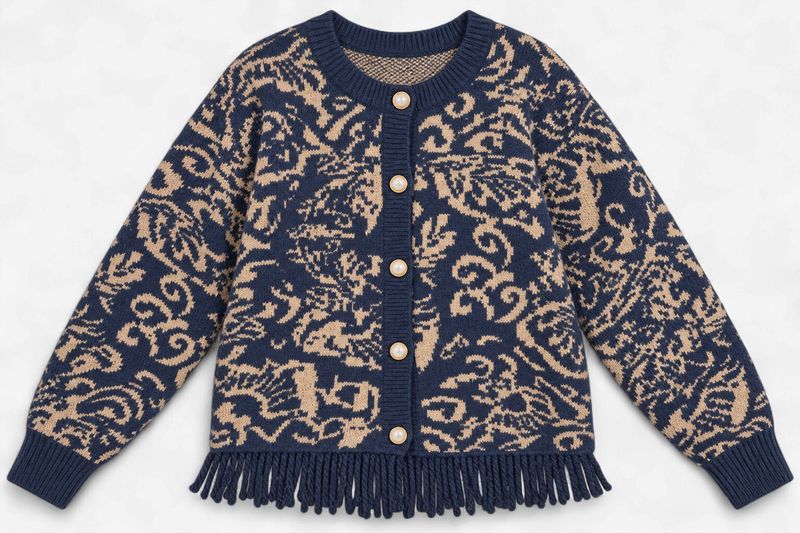 FLORAL KNIT FRINGED SWEATER CARDIGAN MSW11143: Navy Taupe