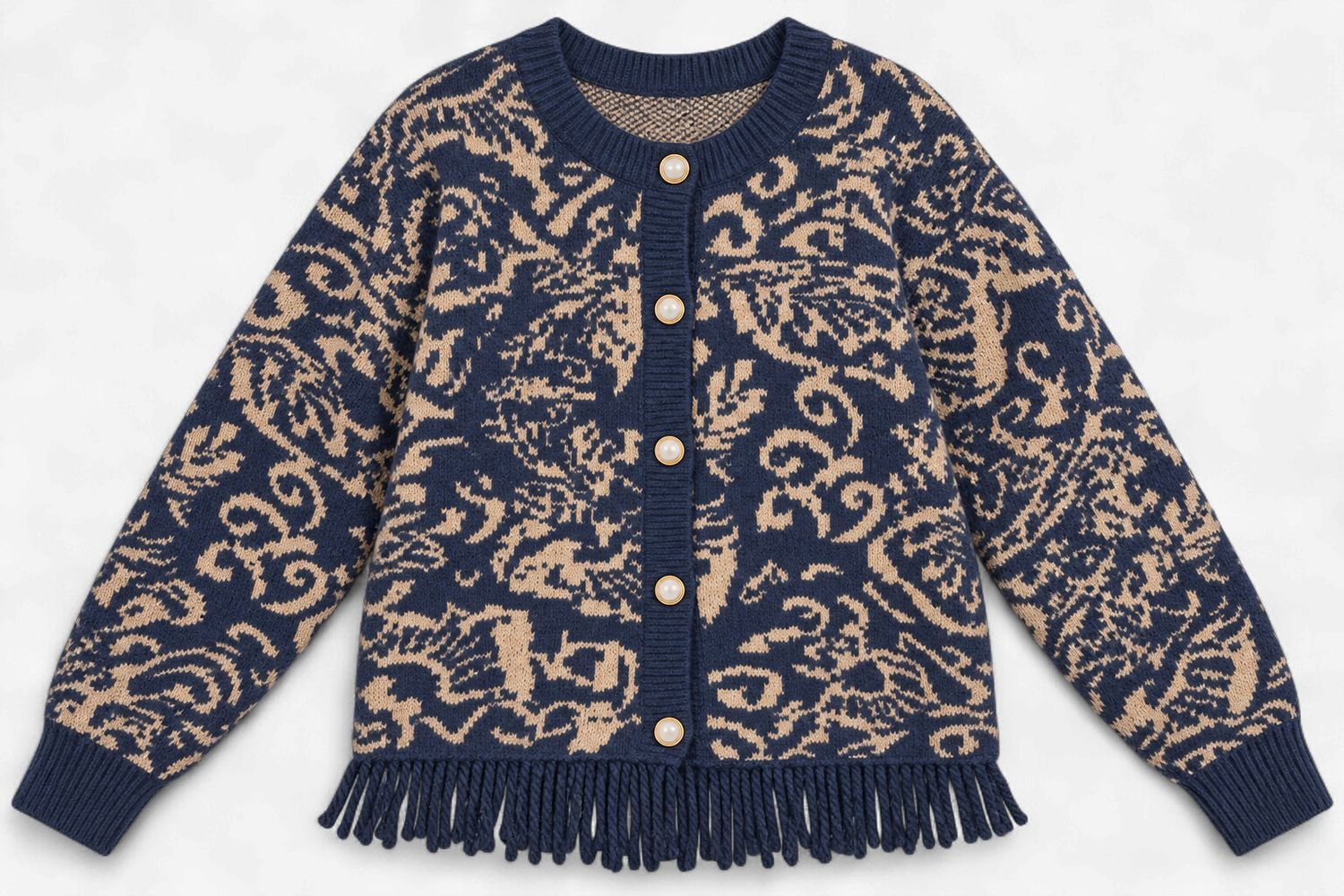 FLORAL KNIT FRINGED SWEATER CARDIGAN MSW11143: Navy Taupe FLORAL KNIT FRINGED SWEATER CARDIGAN MSW11143: Navy Taupe, Size: S