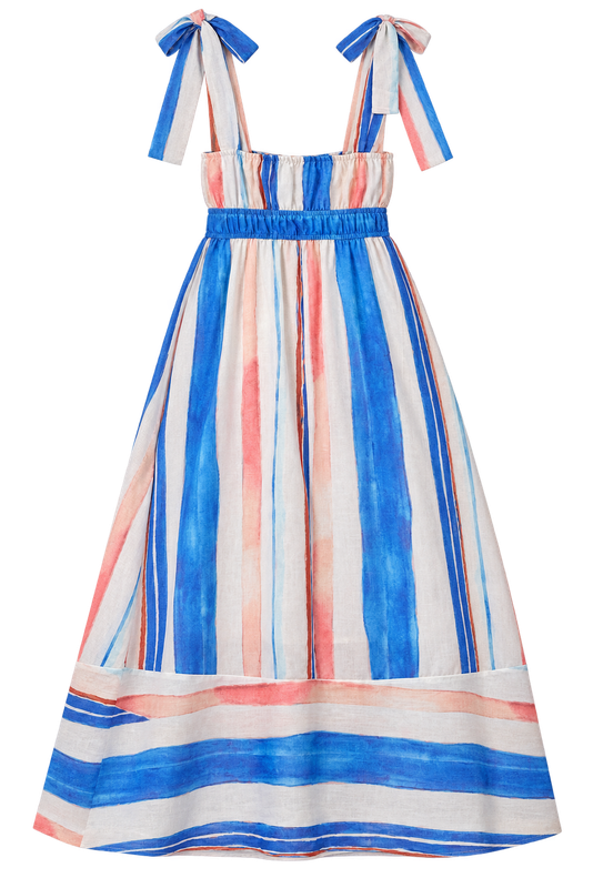 STRIPED TIE STRAP MIDI DRESS: BLUE MULTI