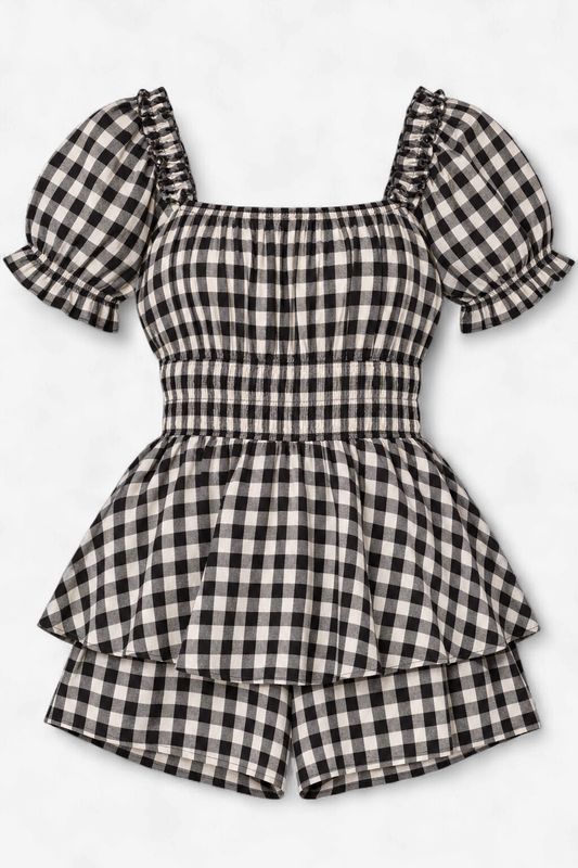 GINGHAM PRINT PUFF SLEEVE ROMPER: Black