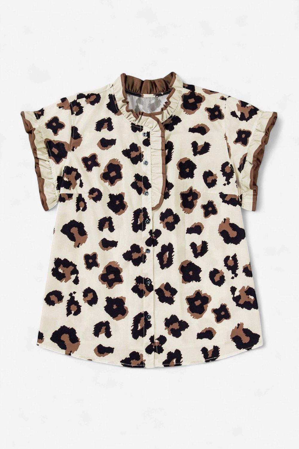 Plus Size Leopard Frilled Trim Short Sleeve Blouse: Khaki Plus Size Leopard Frilled Trim Short Sleeve Blouse: Khaki