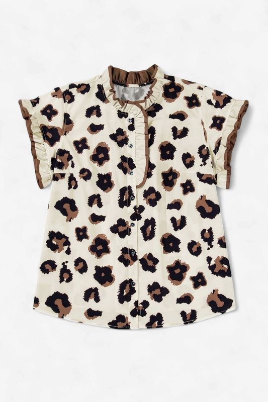 Plus Size Leopard Frilled Trim Short Sleeve Blouse: Khaki