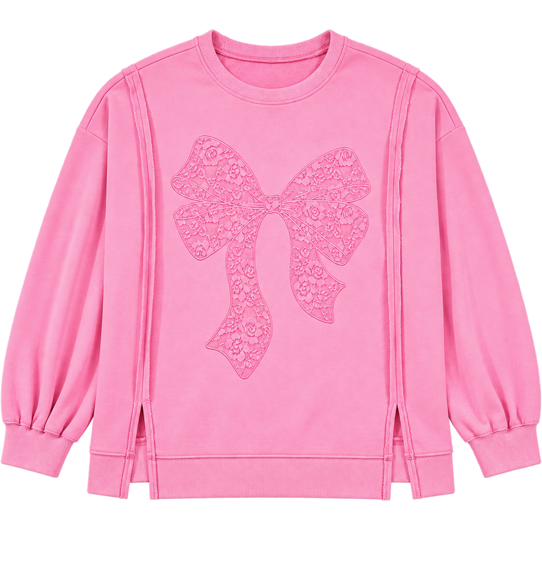 Plus Size Bow Lace Embroidered Sweatshirt: Pink