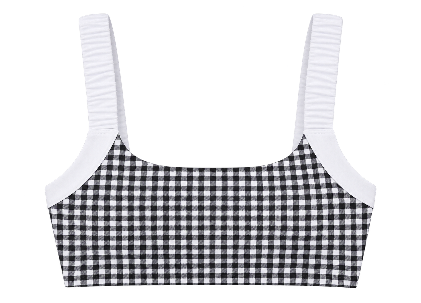 Gingham Print Scrunched Strap Sports Bra: Black Gingham