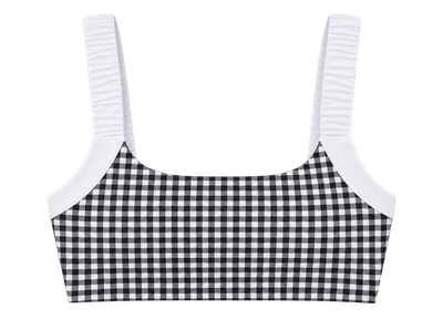 Gingham Print Scrunched Strap Sports Bra: Black Gingham Gingham Print Scrunched Strap Sports Bra: Black Gingham