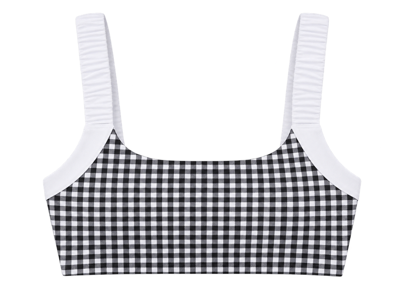 Gingham Print Scrunched Strap Sports Bra: Black Gingham