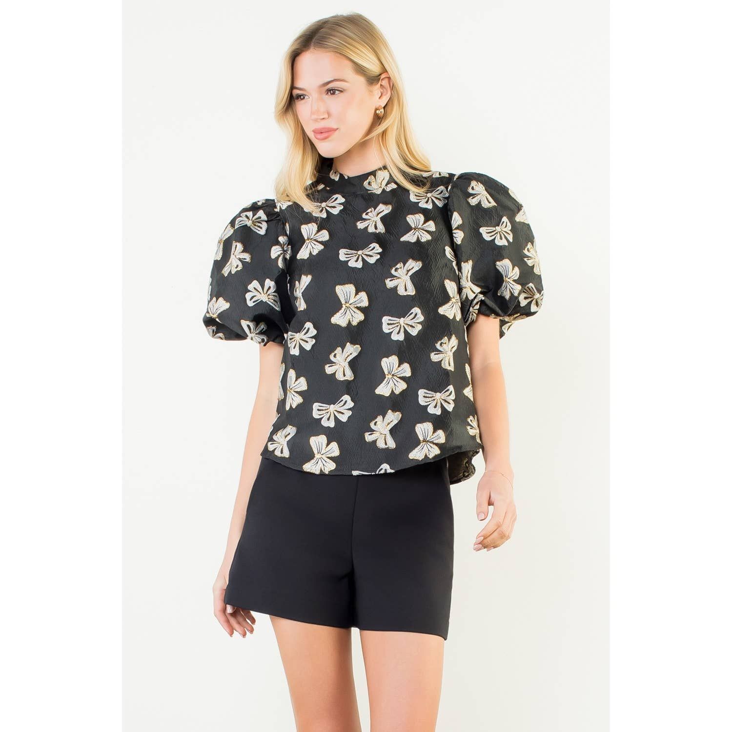Puff & Poise Top /Puff Sleeve Embroidered Bows Top Puff & Poise Top /Puff Sleeve Embroidered Bows Top, Color: BLACK, Size: XS