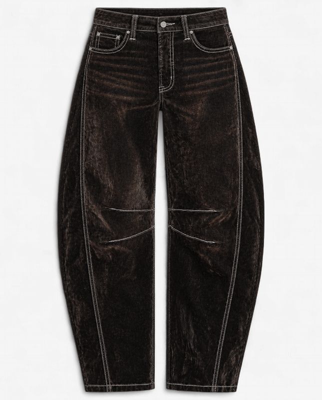 Barrel of Fun /HIGH RISE VELVET FLOCKED BARREL LEG JEANS