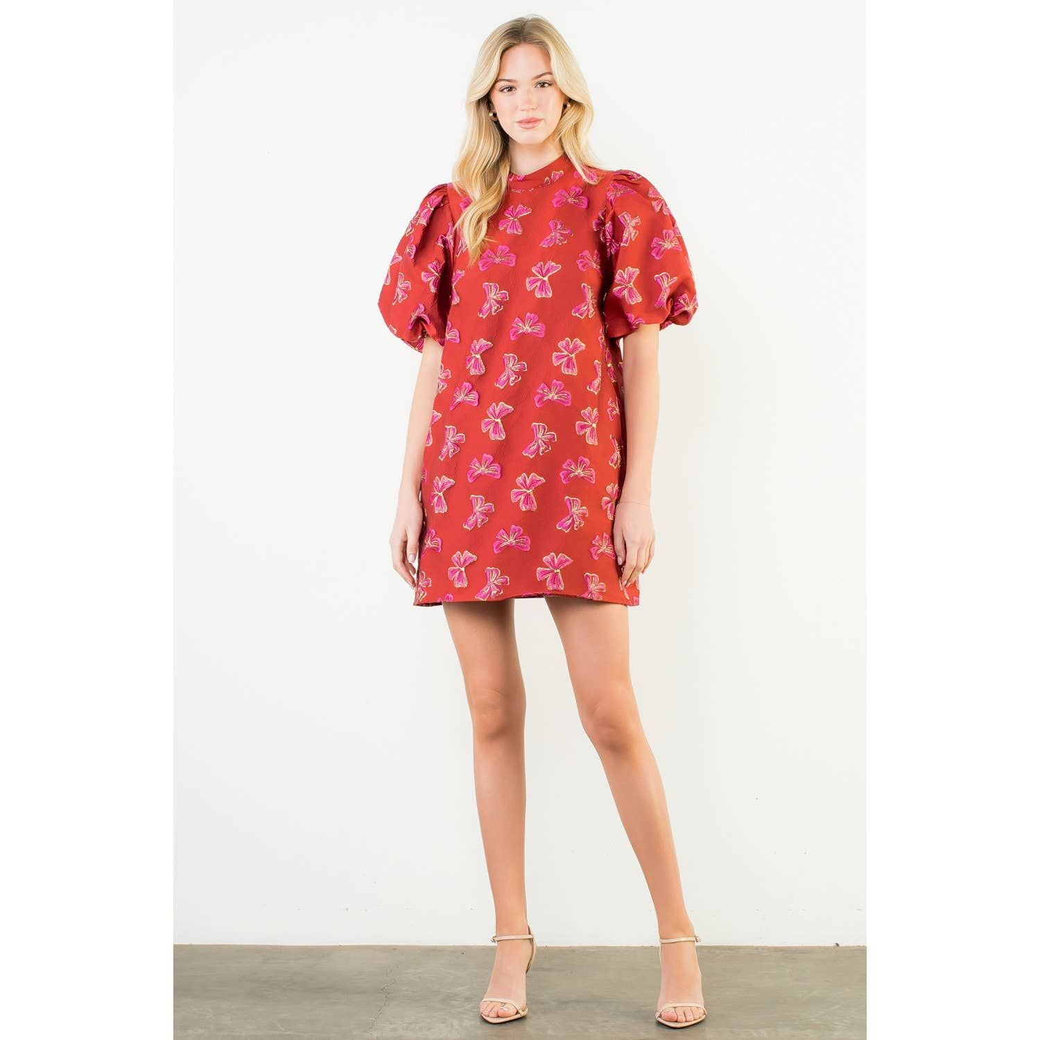 Bow-tiful Bliss Puff Sleeve Embroidered Bows Dress Bow-tiful Bliss Puff Sleeve Embroidered Bows Dress, Color: RED, Size: XS