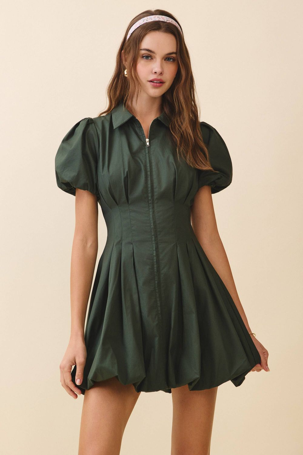 The Evergreen Elegance Fit and Flare Zipper Front Bubble Sleeves Dress The Evergreen Elegance Fit and Flare Zipper Front Bubble Sleeves Dress, Color: Hunter Green, Size: M
