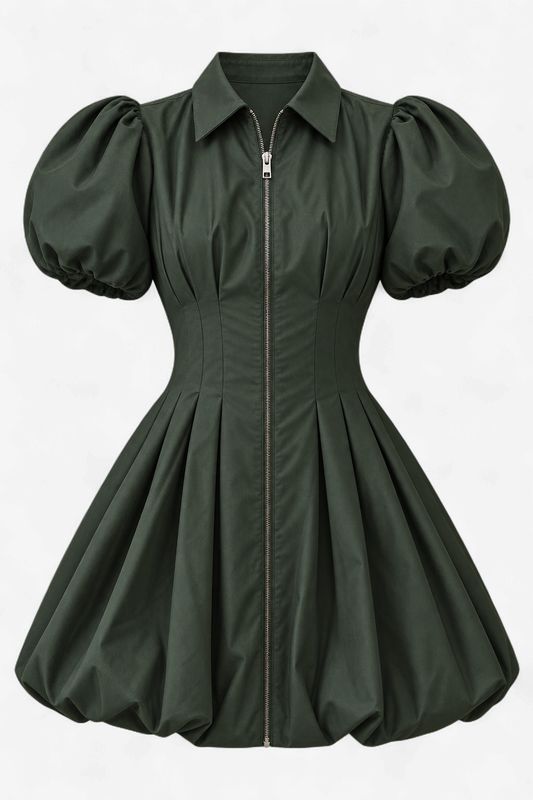 The Evergreen Elegance Fit and Flare Zipper Front Bubble Sleeves Dress