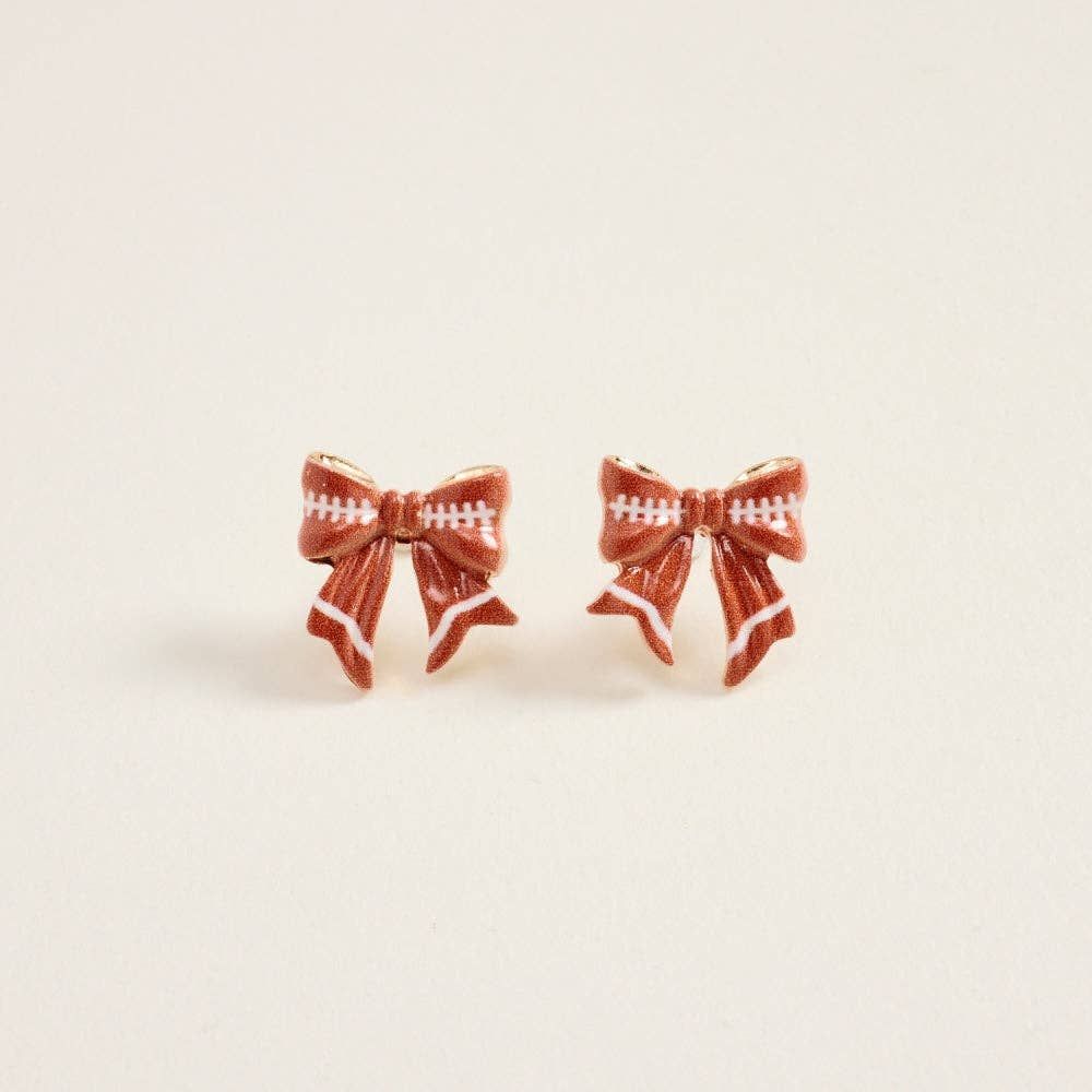 0.75 Inch Football Pattern Print Ribbon Bow Post Earrings, Color: Gold, Size: ONE