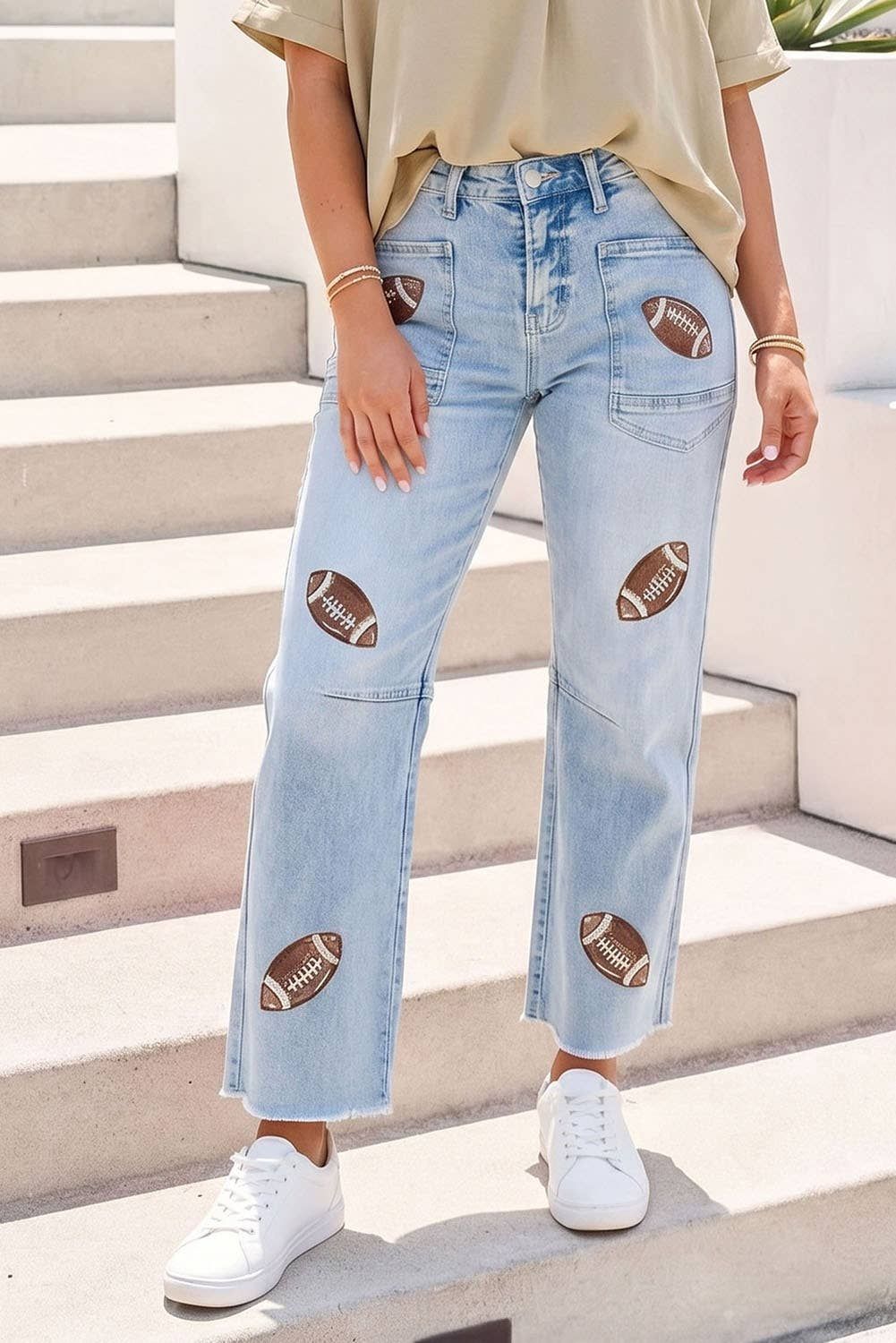 Ready, Set, Hut Sequin Football Denim, Color: Brown Sequin, Size: 12