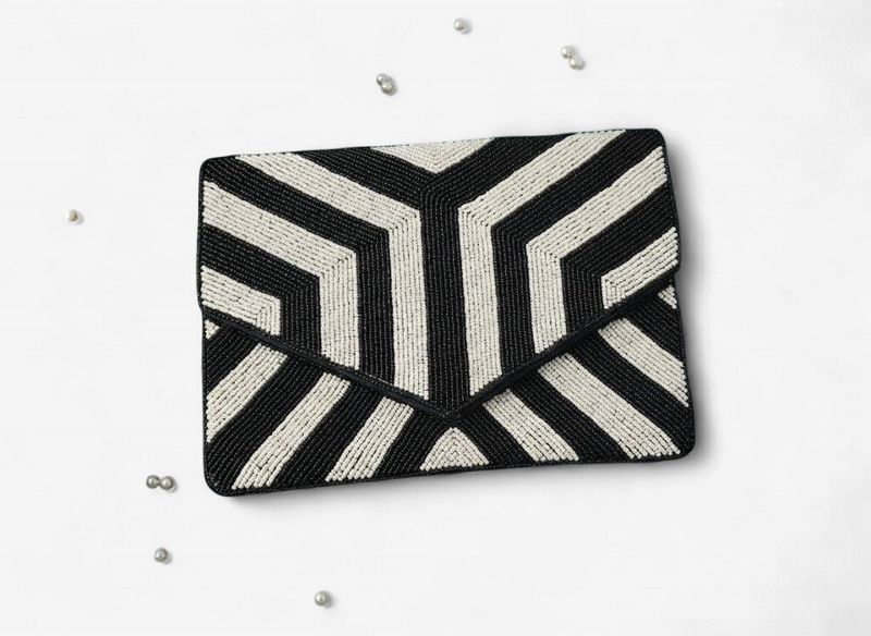 Black and Silver Striped Beaded Clutch