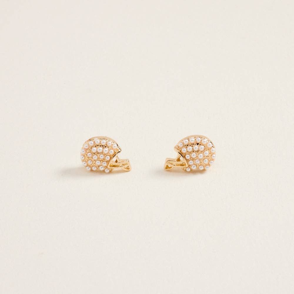 Pave Pearl Rhinestone Football Helmet Post Earrings, Color: Pearl, Size: ONE