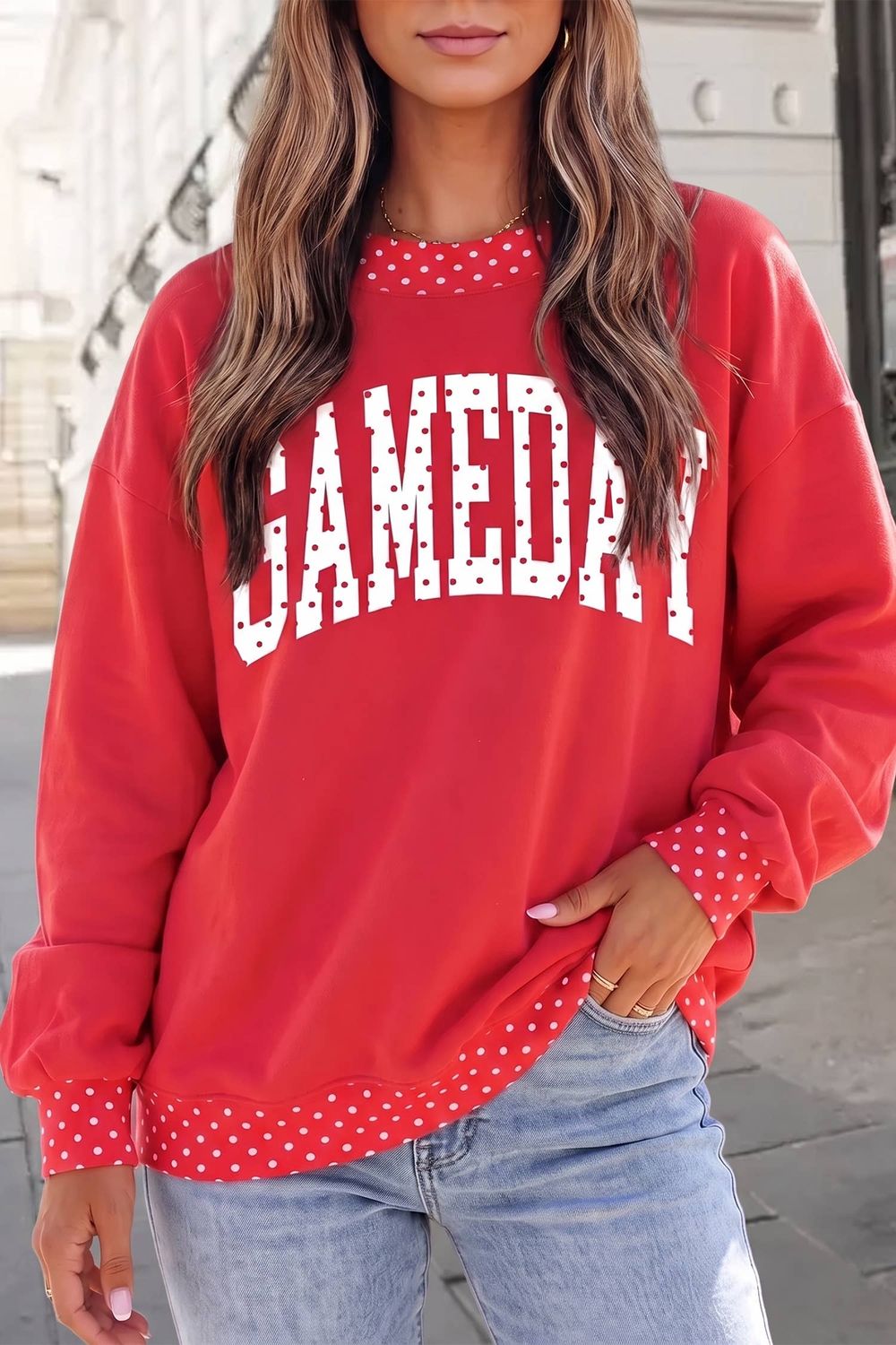Polka Dot Playbook Sweatshirt in Bright Red Polka Dot Playbook Sweatshirt in Bright Red, Color: Red, Size: XL