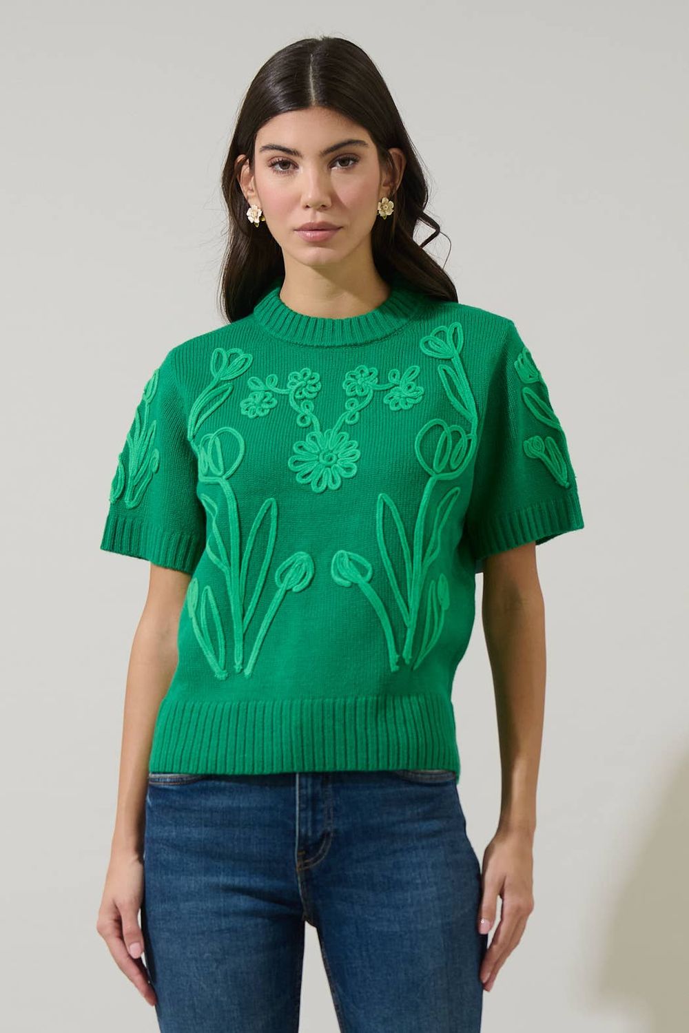 Winsley Floral Embroidered Sweater Top, Color: Green, Size: S