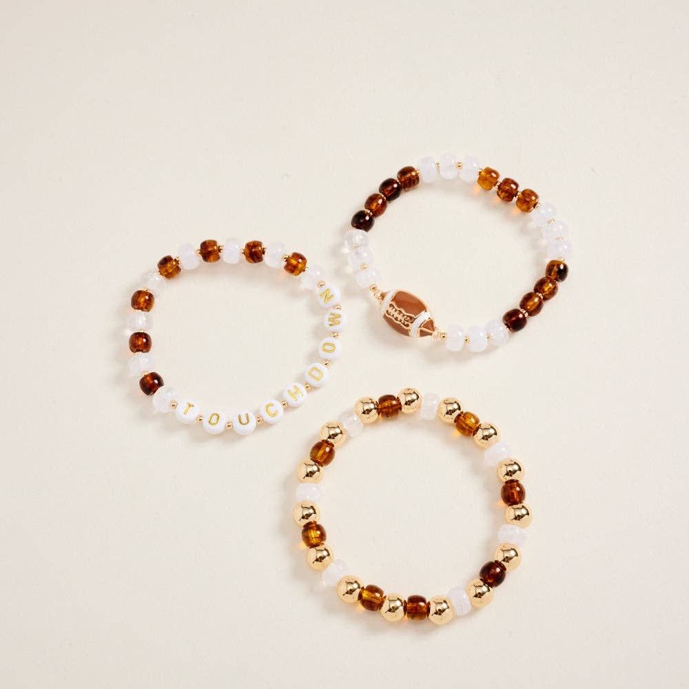 Football Touchdown Beaded 3PC Stretch Bracelet Football Touchdown Beaded 3PC Stretch Bracelet, Color: Gold, Size: ONE