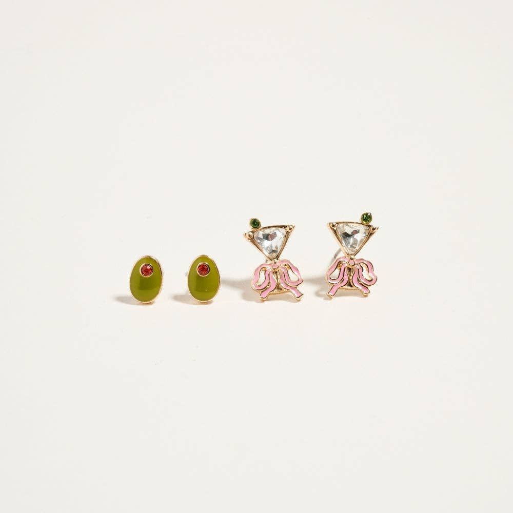 Martini Olive Glass Rhinestone 2 Pair Earrings Martini Olive Glass Rhinestone 2 Pair Earrings, Color: Gold, Size: ONE