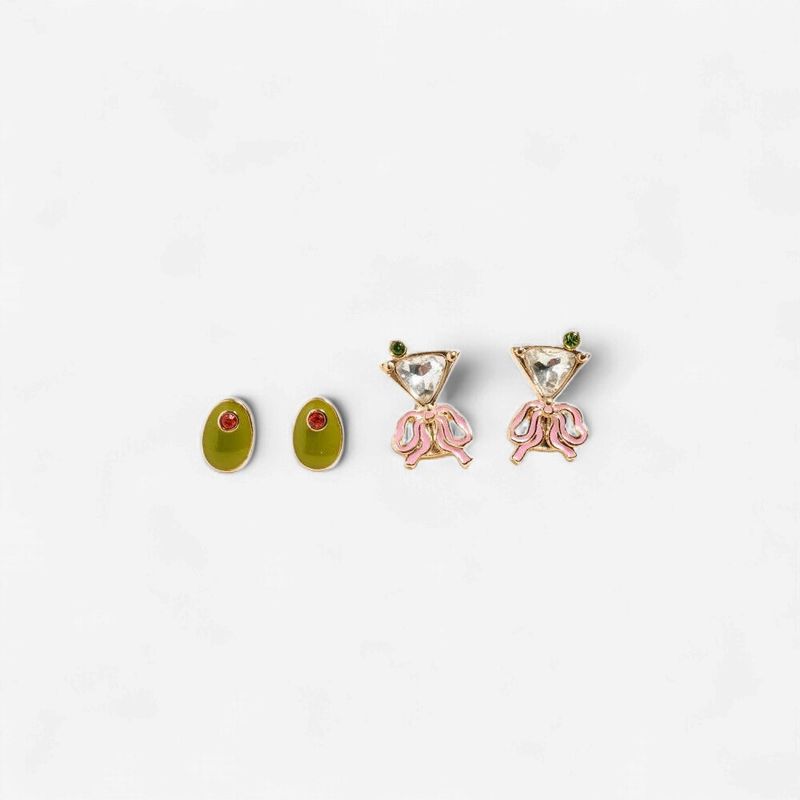 Martini Olive Glass Rhinestone 2 Pair Earrings