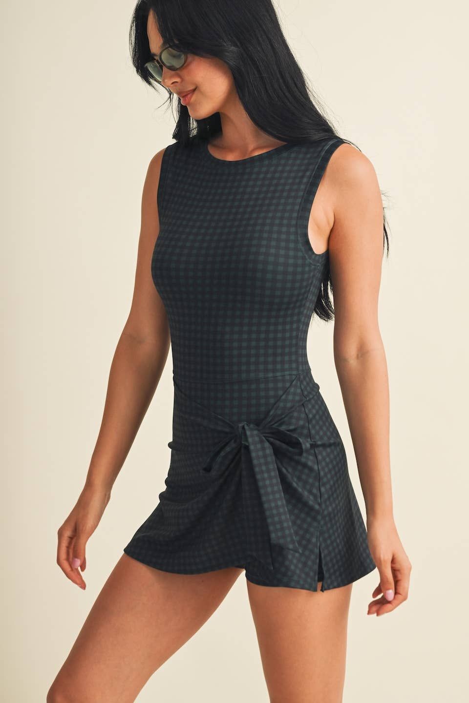 The Gingham Edit Sleeveless Wrap Tie Front Dress, Color: Dark Navy Evergreen Gingham, Size: L