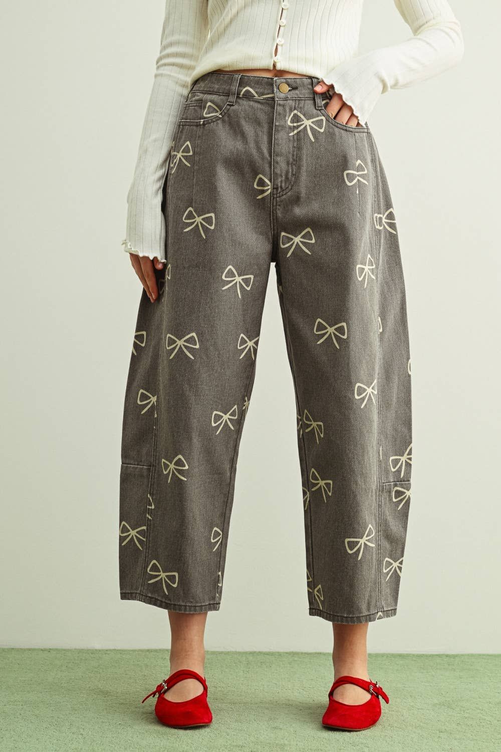 Pretty in Bows Barrel Pants Pretty in Bows Barrel Pants, Color: CHARCOAL/ECRU, Size: L