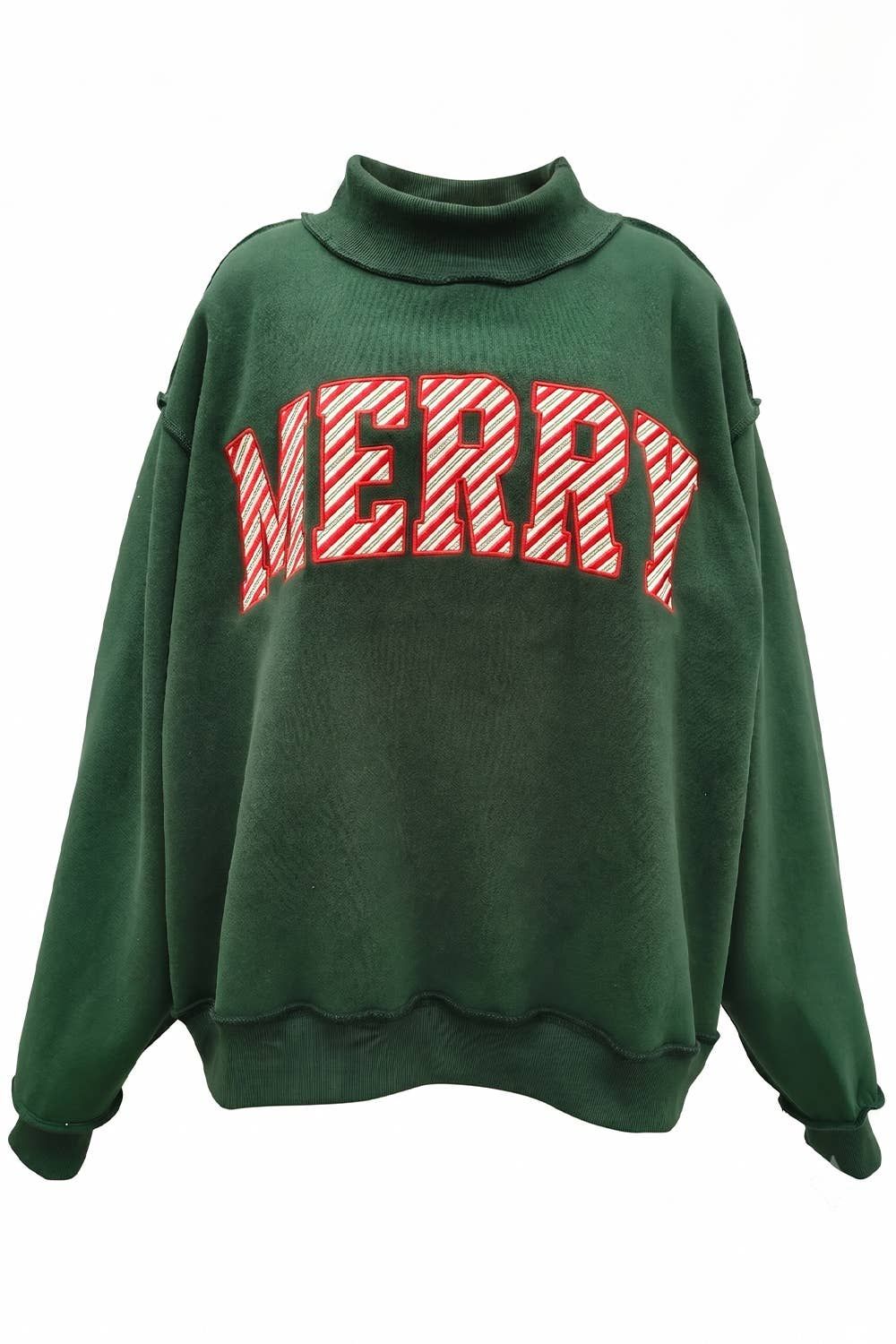 MERRY Embroidered Mock Neck Sweatshirt MERRY Embroidered Mock Neck Sweatshirt, Color: Christmas green, Size: L/XL