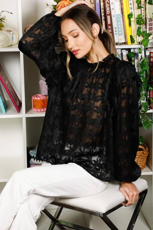 Ruffle Neck Long Sleeve Floral Jacquard Blouse