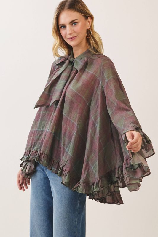 Bow Tie Ruffle High-Low Blouse
