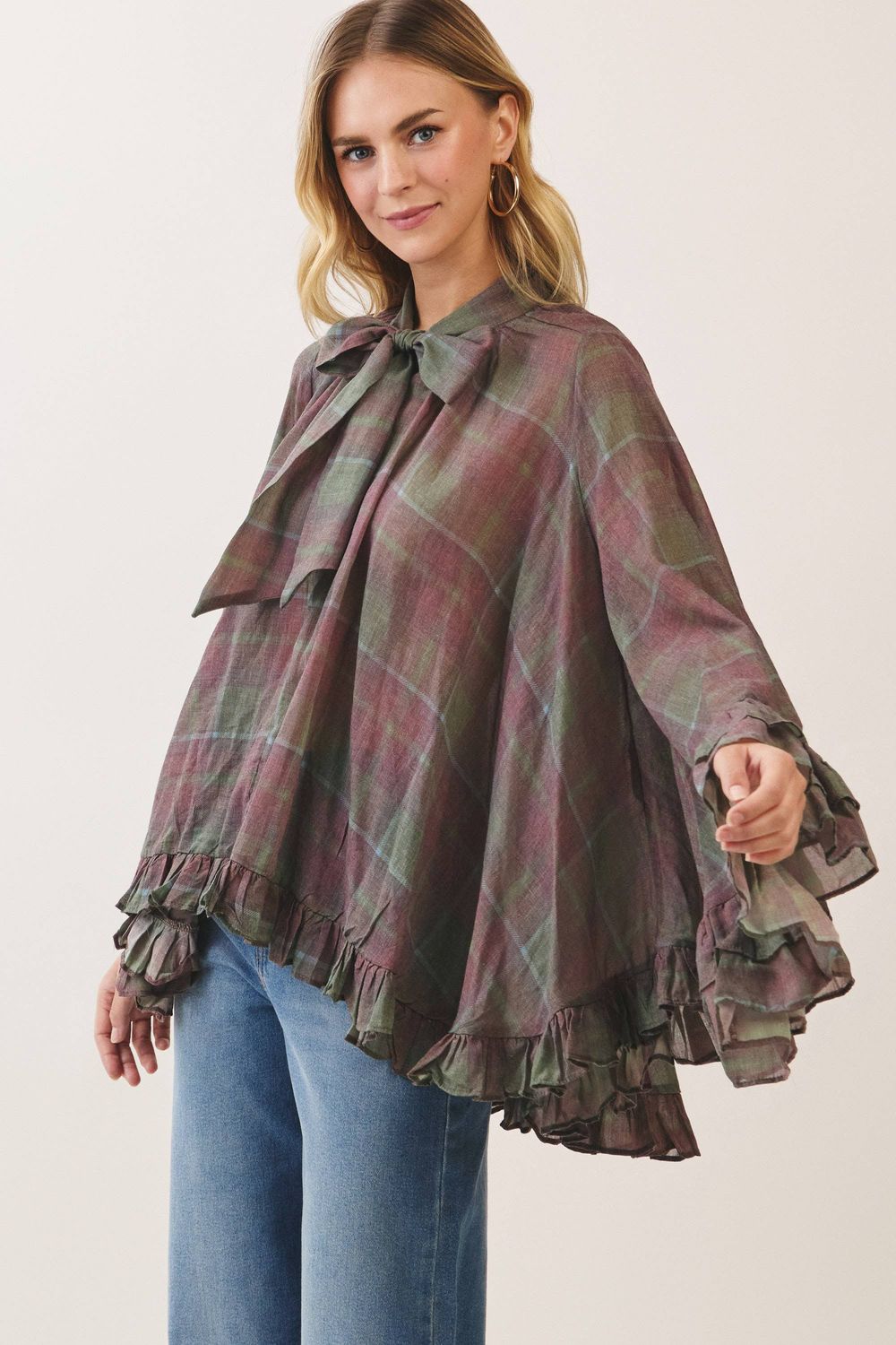 Bow Tie Ruffle High-Low Blouse, Color: Burgundy, Size: S