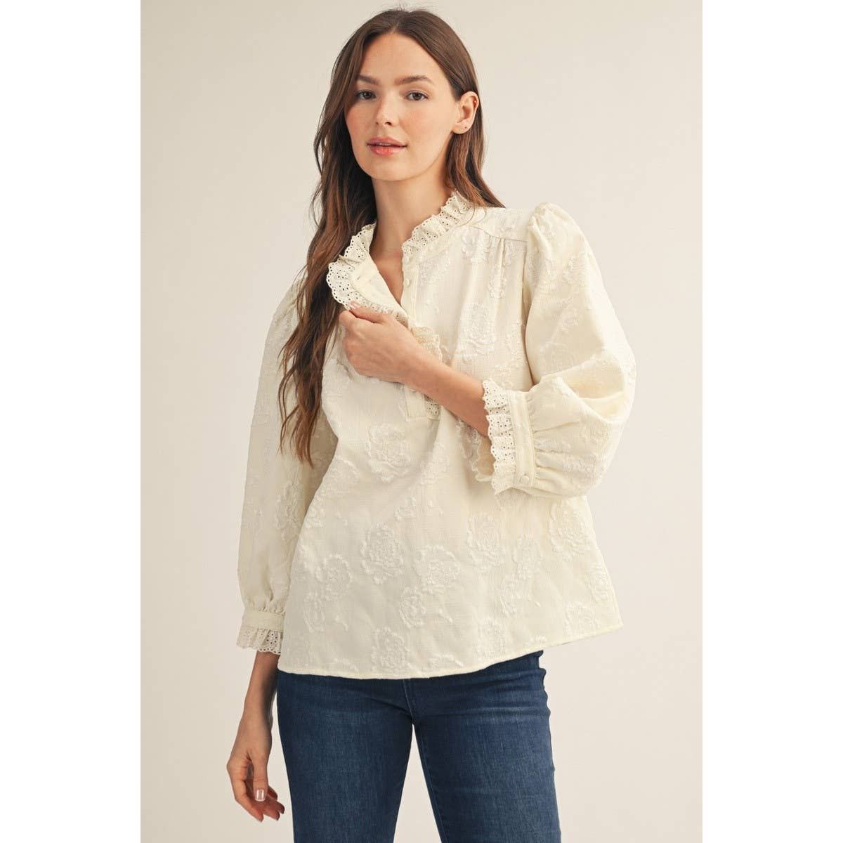 Floral Jacquard Blouse, Color: CREAM, Size: M