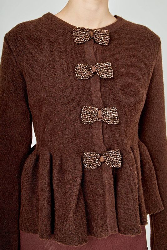 Beaded Bow Trim Flared Cardigan