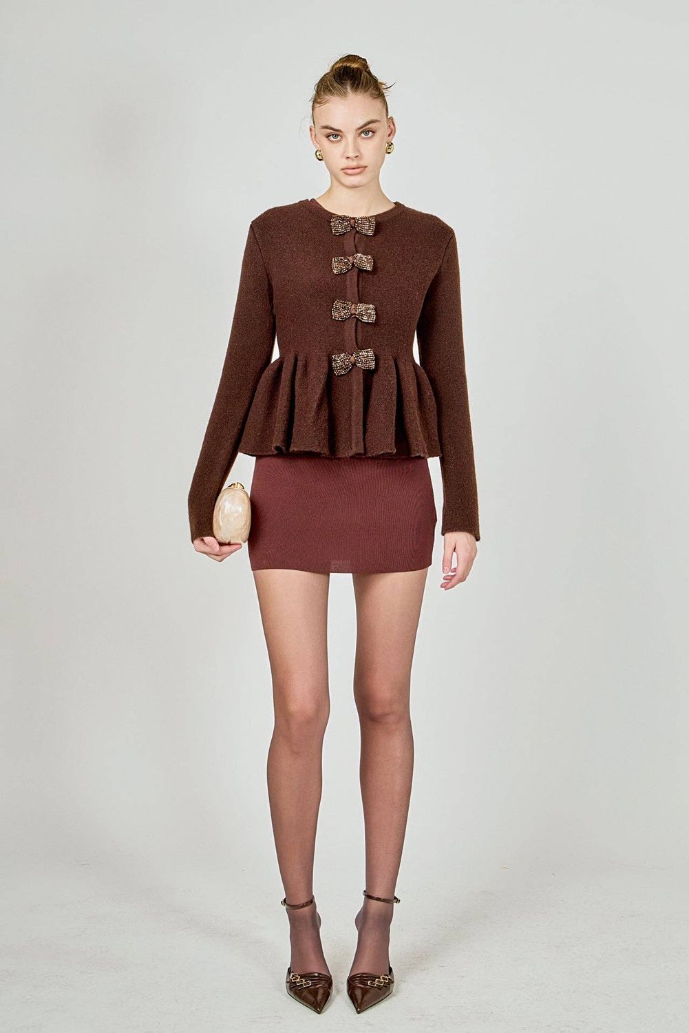Beaded Bow Trim Flared Cardigan, Color: BROWN, Size: L