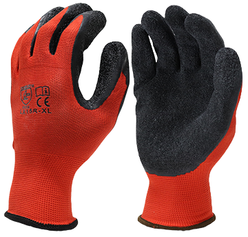 15G Red Nylon Work Gloves, Black Crinkle Latex Palm (Dozen)