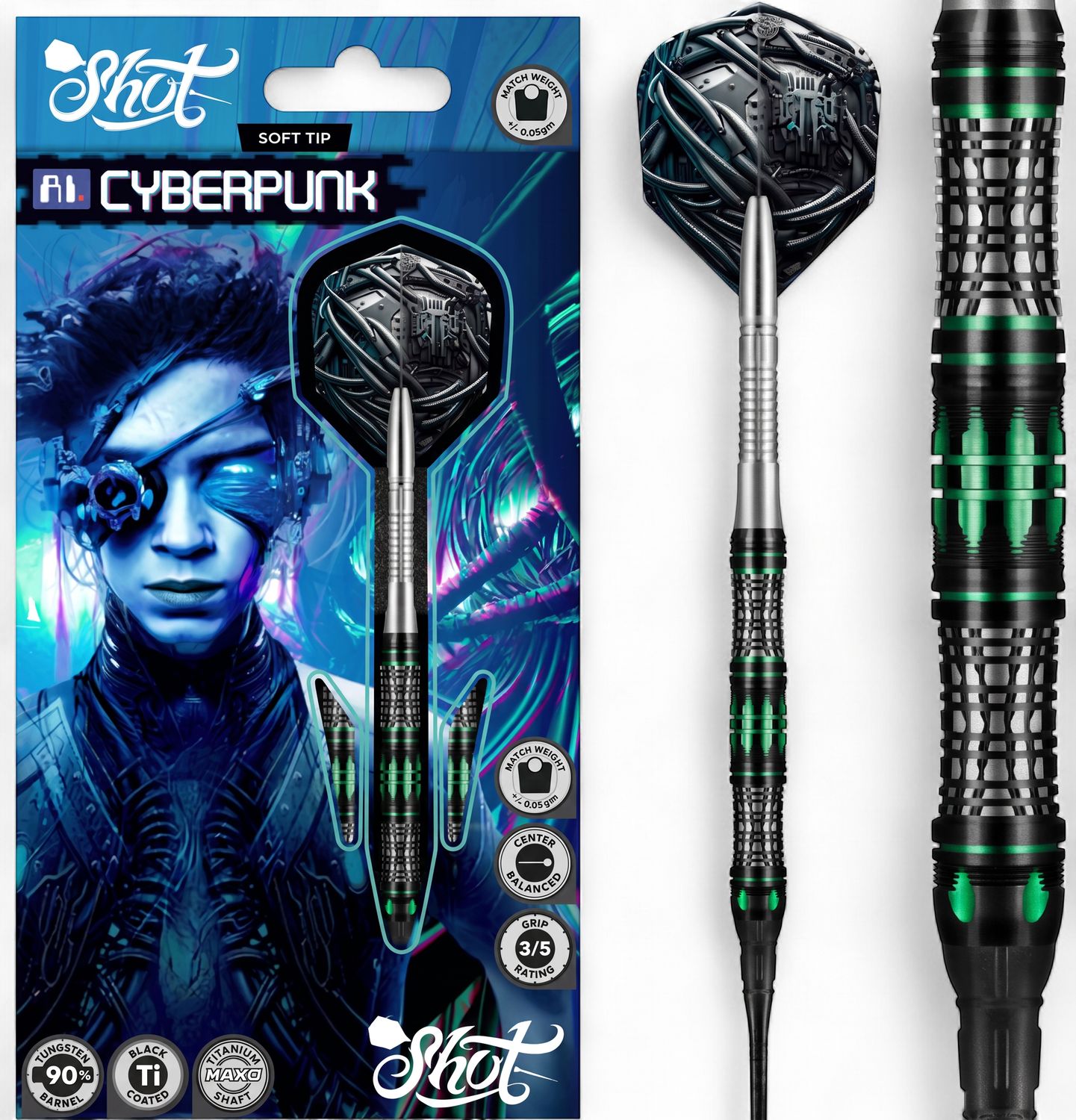 AI Cyberpunk Soft Tip Dart Set-90% Tungsten Barrels-20gm