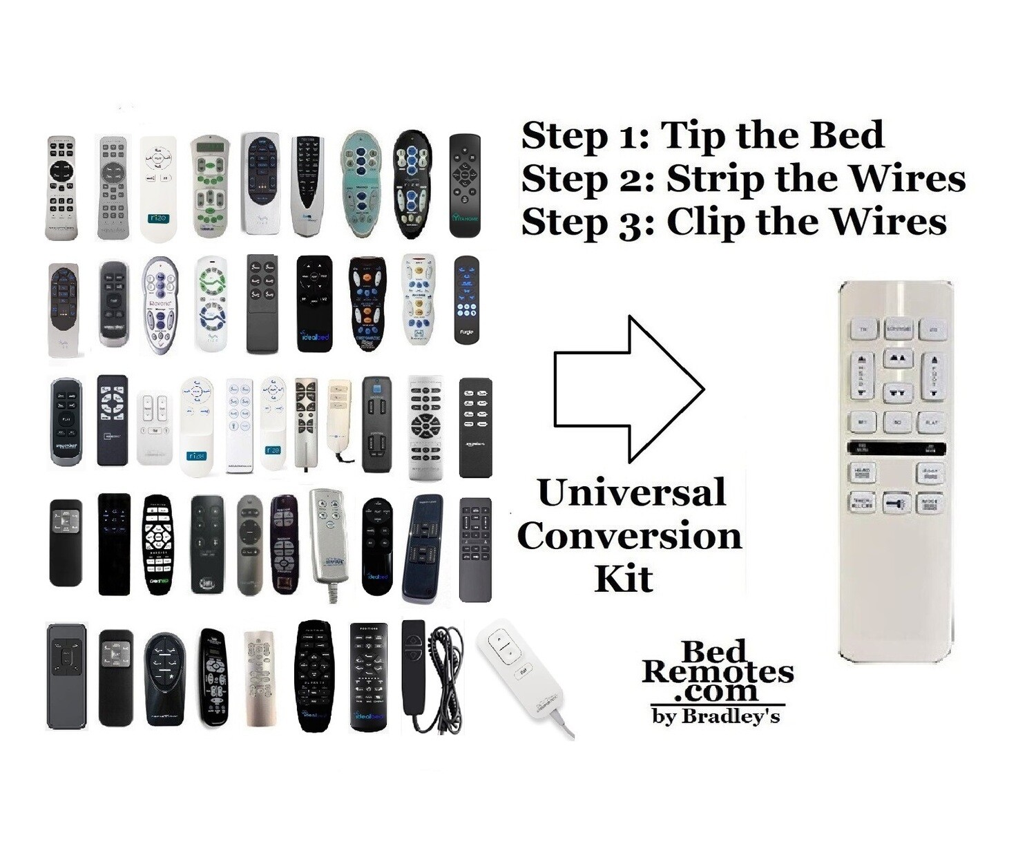 9 Button BASIC MODEL PLUS MASSAGE (13 Total) (No Presets or 1 Touch Flat). Remote/Universal Adjustable Bed Conversion Kit (Your Motors must be 24v) Head Up/Down Foot Up/Down. Backlit- White Version