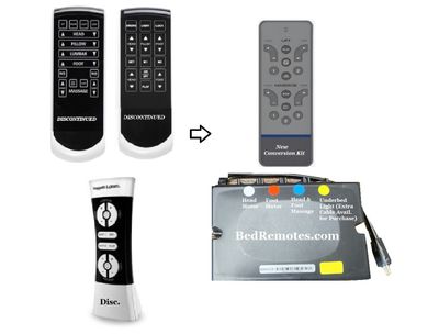 Conversion Kit 2 Piece for the Disc. Leggett &amp; Platt Prodigy 2.0 or Comfort Elite Remote - See Pics. Control Box, &amp; Grey Remote w/Massage/Presets - No- NO PILLOW/LUMBAR (Light Cable Extra) Plug In Kit