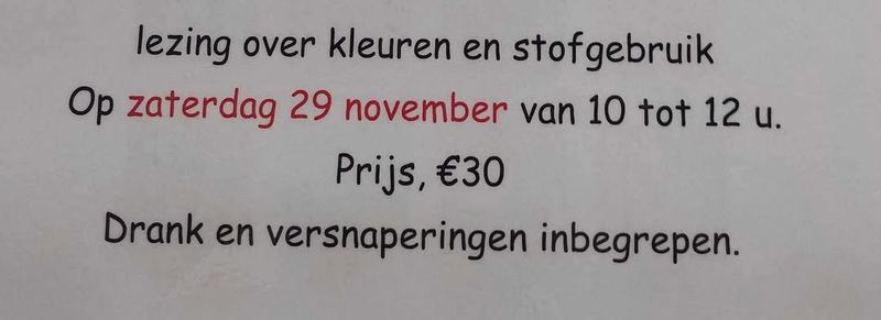 workshop  LEZING OVER KLEUREN EN STOFGEBRUIK door Ellen van ellie&#39;s quiltplace op zaterdag van 10u tot 12u  drankje en versnapering inbegrepen