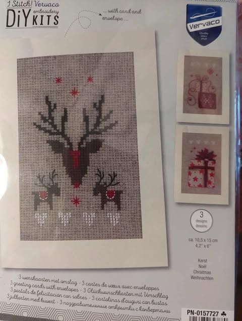 kerstkaart in kruissteek met paspartout=3stuks vervaco pn-0157727