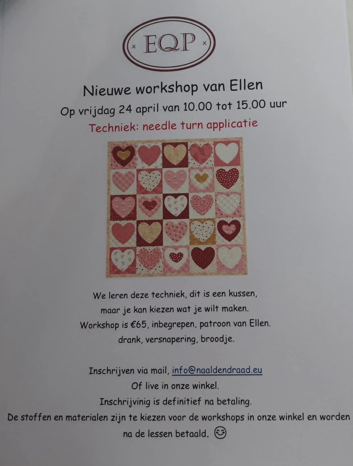 needle turn applicatie EQP WORKSHOP 1 LES=VRIJDAG 24 APRIL van 10u tot 15u