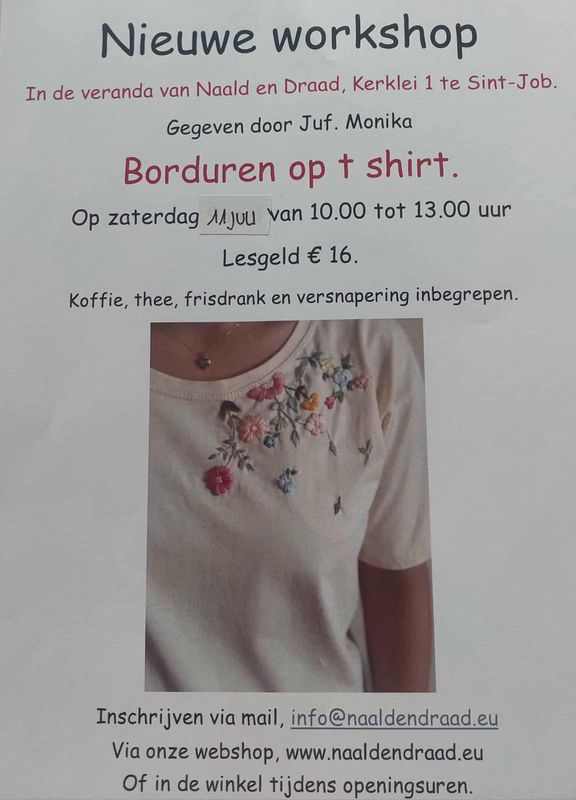 workshop :BORDUREN OP T SHIRT  11 juli 2026 =VOLZET!!!!