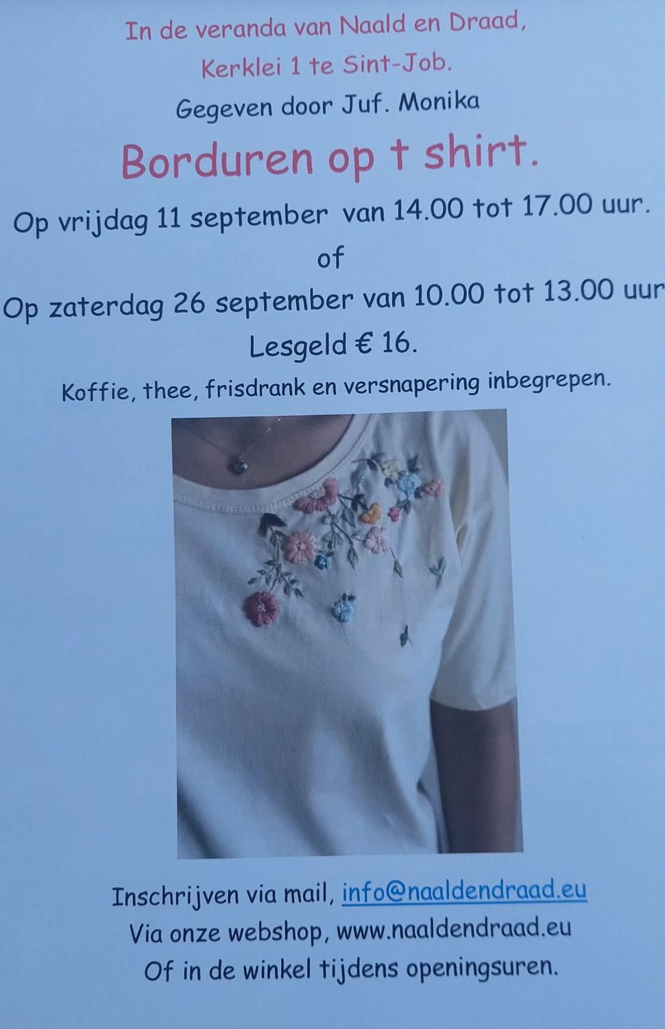 nieuwe workshop BORDUREN OP T SHIRT OP ZATERDAG VOORMIDDAG  26 SEPTEMBER VAN 10U TOT 13U