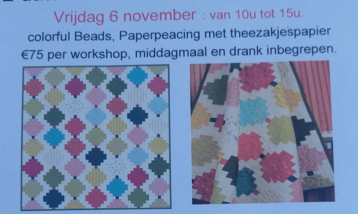 WORKSHOP/ COLORFUL BEADS = paperpeacing met theezakjespapier vrijdag 6 november van 10u tot 15u door Ellen van EQP
