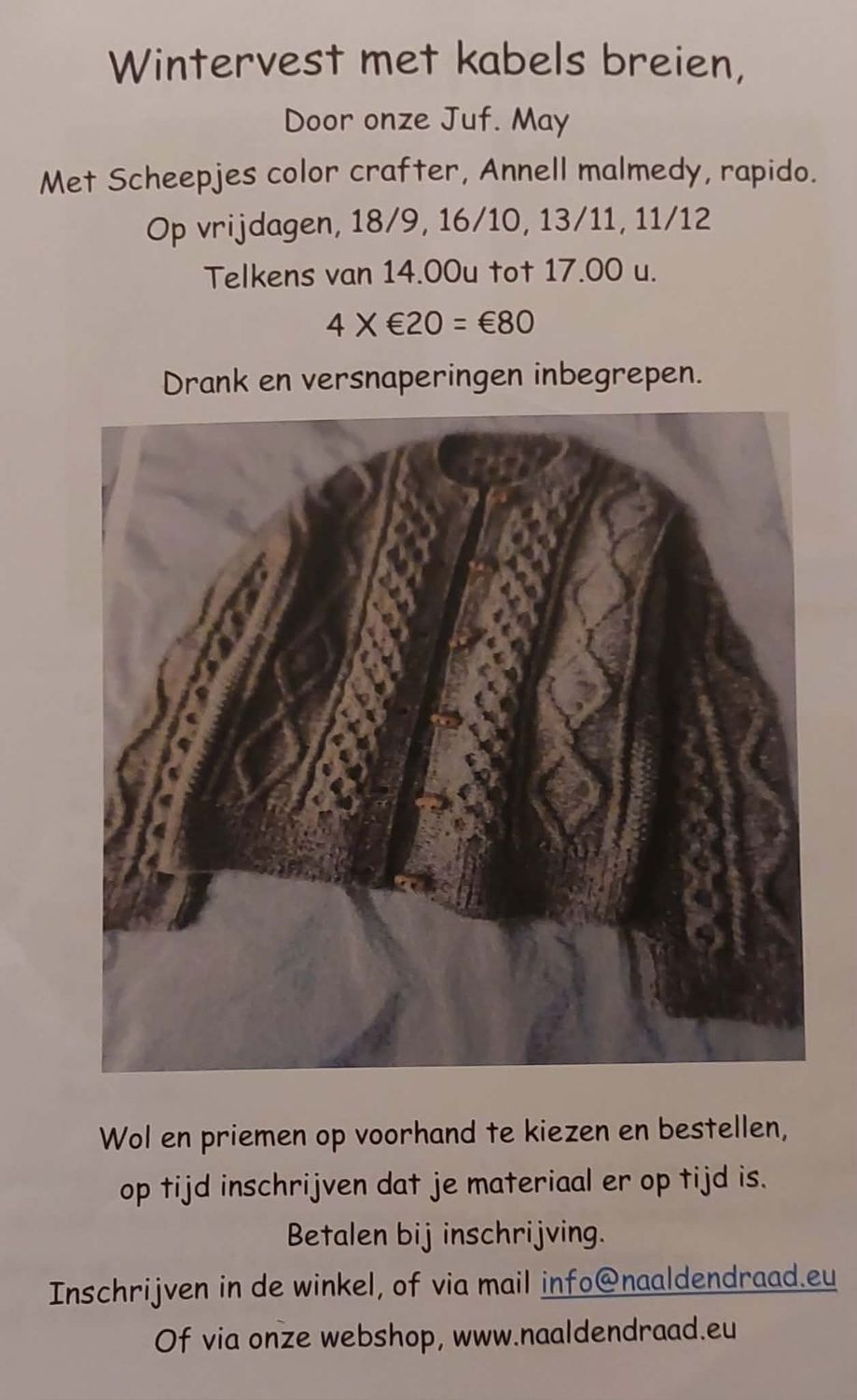 wintervest top down = workshop op  vr 18/9-16/10-13/11-11/12 in 4 lessen