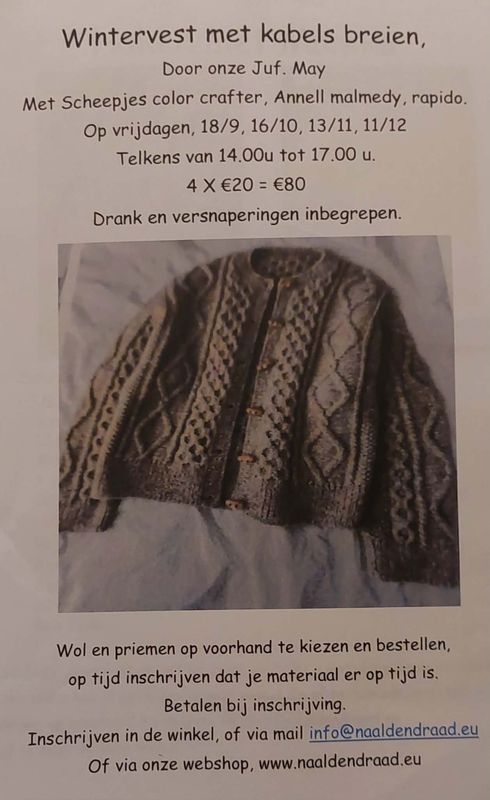 wintervest top down = workshop op  vr 18/9-16/10-13/11-11/12 in 4 lessen   = VOLZET!!!