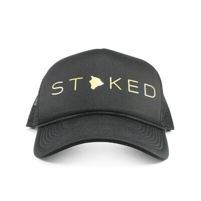 A black trucker hat with &quot;stoked&quot; written across the front. The &quot;o&quot; is replaced with the shape of the Big Island.