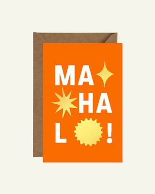 An orange thank you card with &quot;Mahalo!&quot; written on it with gold accents. Designed by Hilo artist Kailah Ogawa 