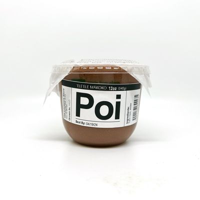 A 12oz lidded cup of fresh poi made from Hilo-grown kalo, made in-house at the Locavore Store. A square piece of parchment paper is under the lid and on top of the poi. 