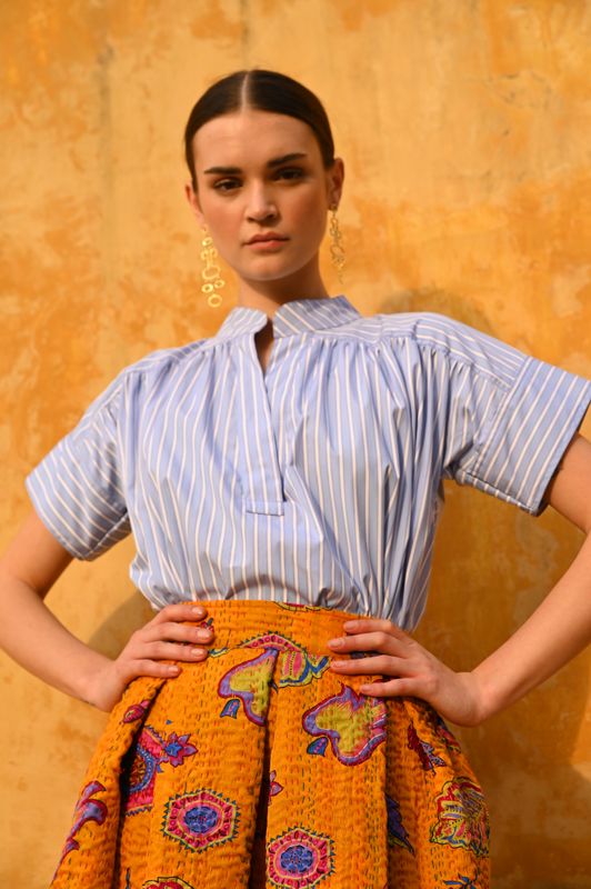 The Iris Blouse - Blue White Stripe