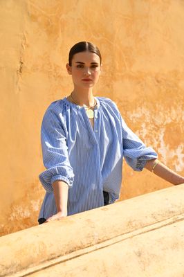 The Gaia Blouse - Blue White Stripe